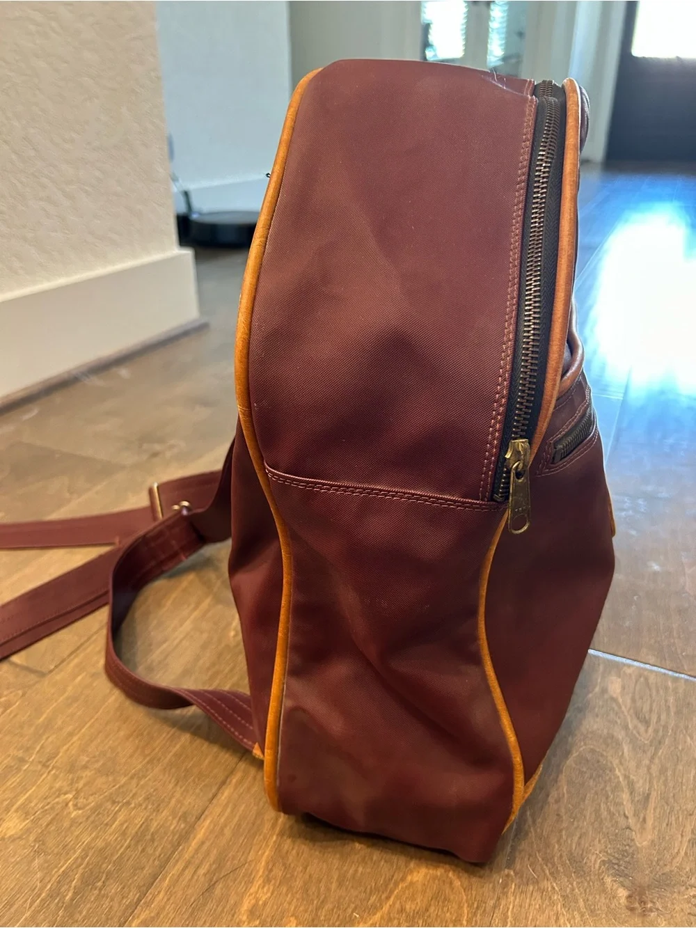 Brown Leather-Trim Burgandy Backpack